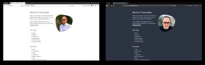 Side-by-side-comparison of light- and dark-mode my old website.